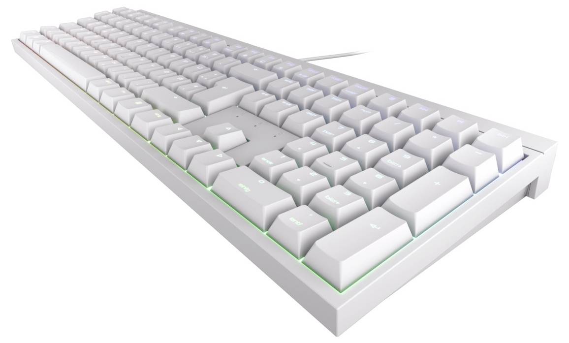 Weiße mechanische Computertastatur im Winkel dargestellt mit flachen Tasten und subtiler grüner Hintergrundbeleuchtung entlang der Basis.