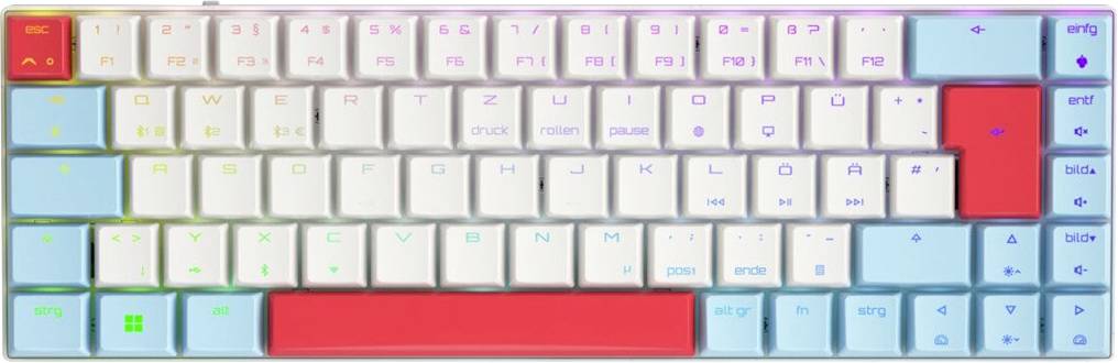 Farbenfrohe mechanische Tastatur mit weißen Tasten und blauen, roten und grauen Modifiertasten, von oben fotografiert.