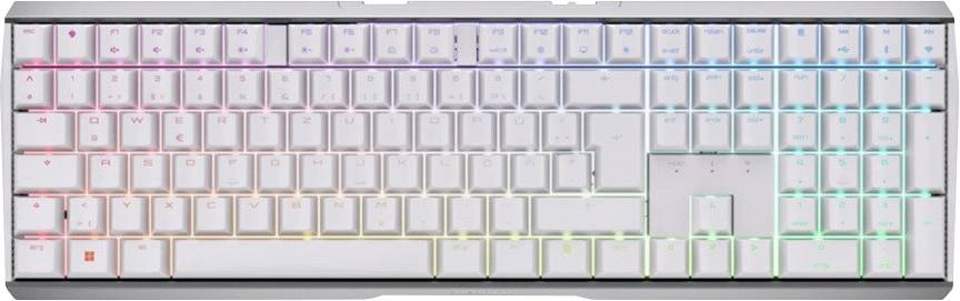 Vollformatiges weißes mechanisches Tastaturmit RGB-Beleuchtung, einschließlich Ziffernblock und kompaktem Navigationscluster.