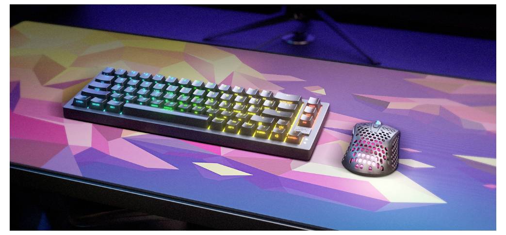 RGB-Mechanische Tastatur und Gaming-Maus auf einem bunten geometrischen Mousepad auf einem Schreibtisch.