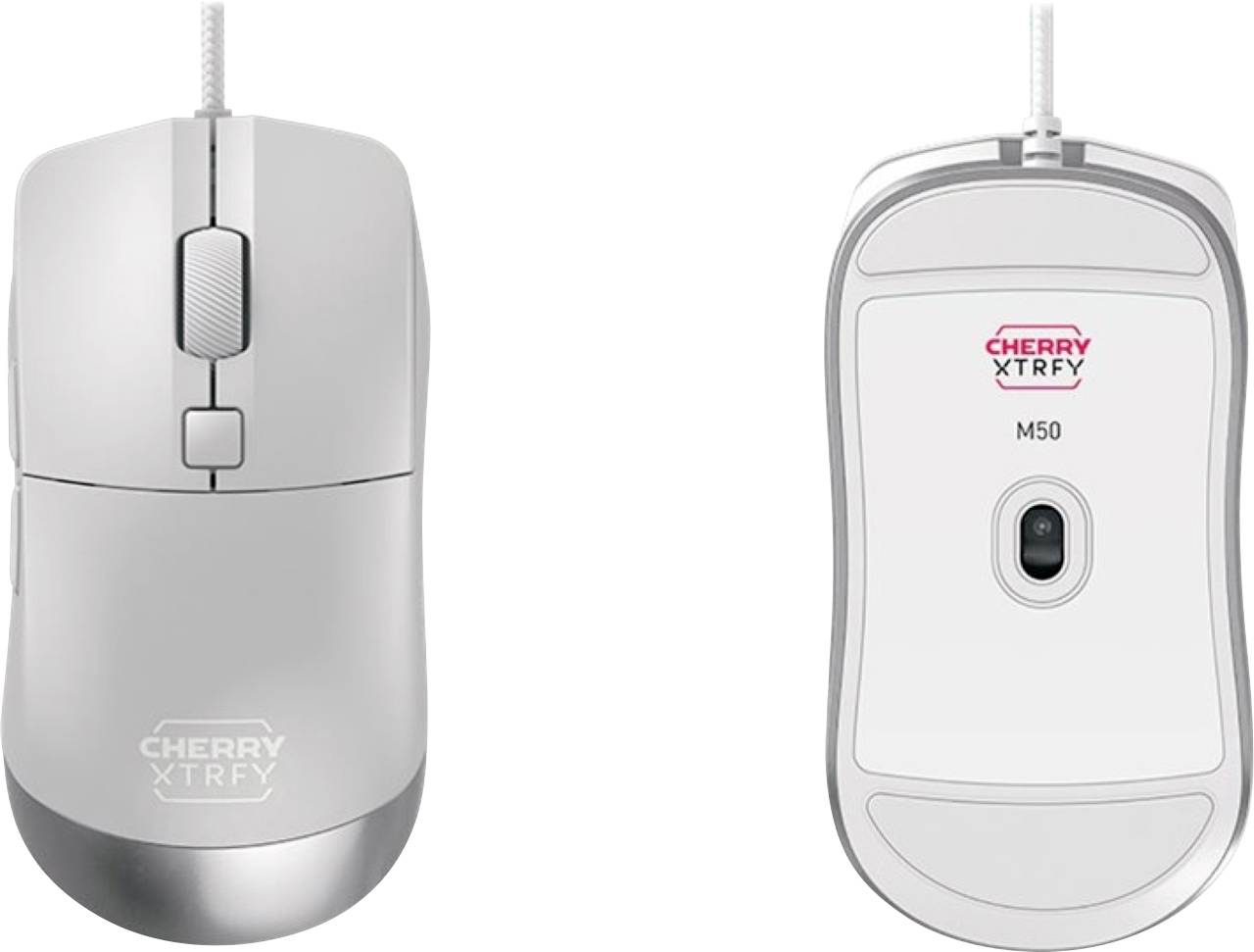 Vorder- und Rückansichten einer kabelgebundenen CHERRY XTRFY M50 Computermaus in Weiß und Grau.