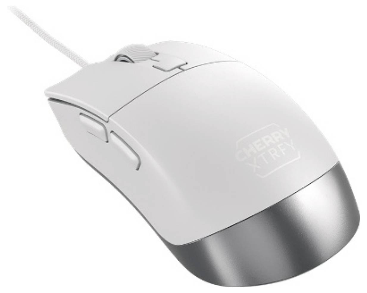 Kabelgebundene Computer-Maus in Weiß und Schwarz mit Scrollrad und Seitentasten, Marke 'CHERRY XTRFY'.