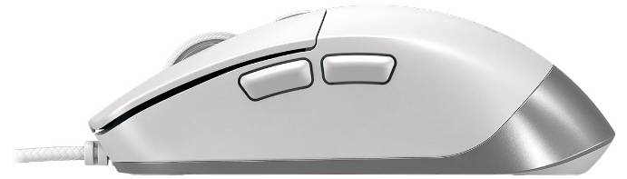 Seitenansicht einer silbernen Computer-Maus mit Kabel, zwei Tasten und Scrollrad.