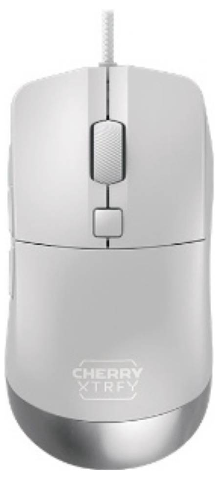 Silberne kabelgebundene Computermaus mit zentralem Scrollrad und CHERRY XTRFY Logo