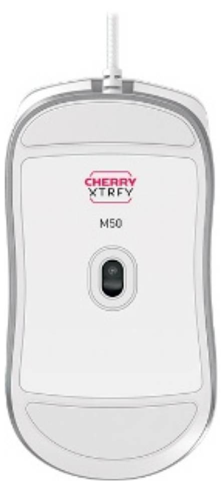 Weiße CHERRY XTRFY M50 kabelgebundene Computermaus von oben dargestellt mit zentralem Scrollrad und Logo.