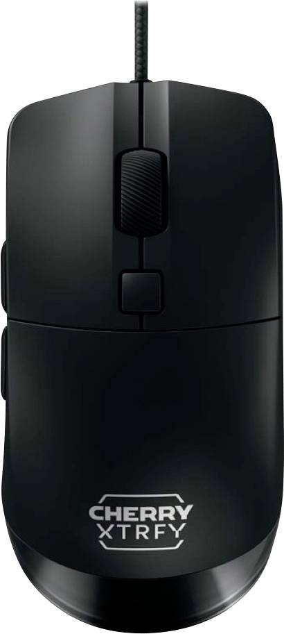 Schwarze kabelgebundene Cherry Xtrfy Computermaus mit Scroll-Rad und zwei Tasten, dargestellt auf weißem Hintergrund.
