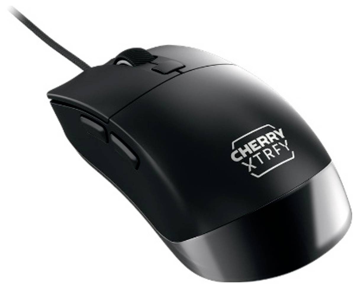 Schwarze schnurgebundene Computermaus mit CHERRY XTRFY-Logo auf der Oberseite, auf weißem Hintergrund dargestellt.