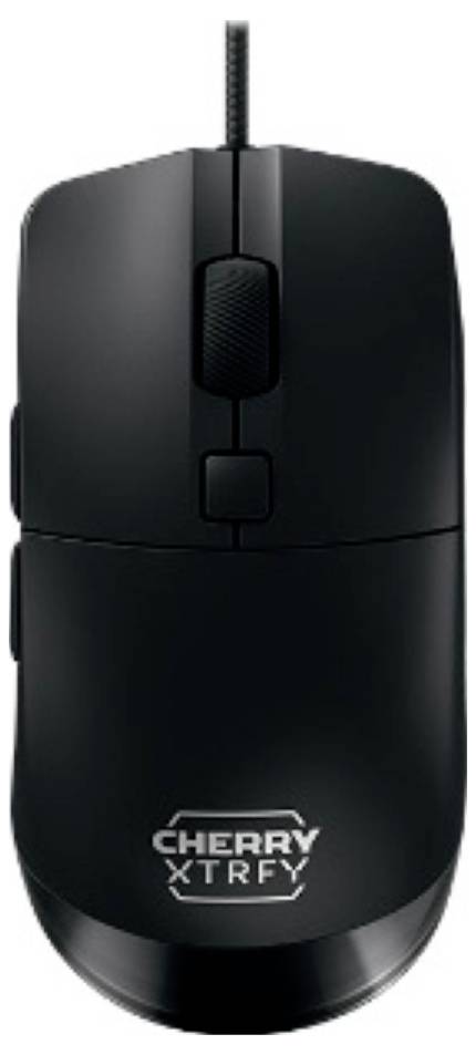 Schwarze CHERRY XTRFY kabelgebundene Computermaus von oben auf weißem Hintergrund gezeigt.