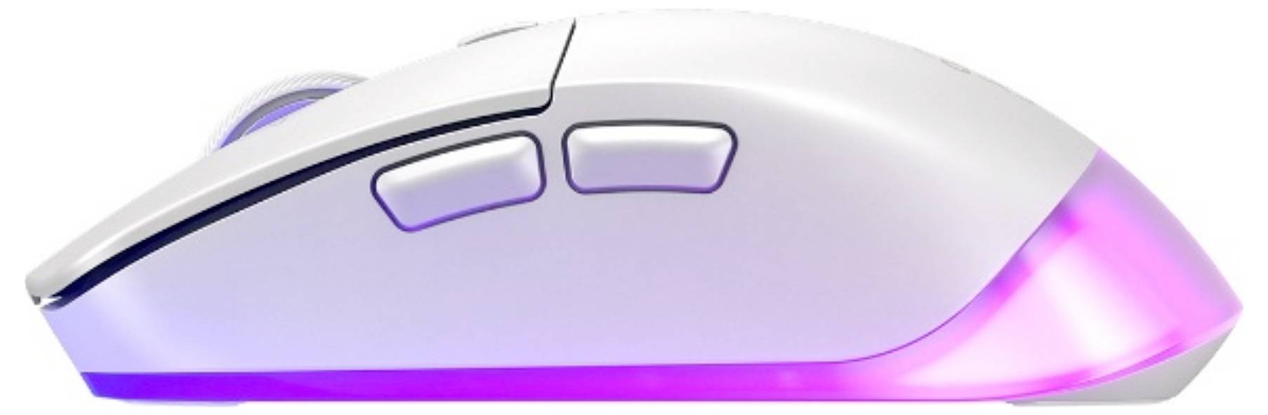 Weiße kabellose Computermaus mit violett beleuchteten Seiten- und oberen Tasten auf hellem Hintergrund