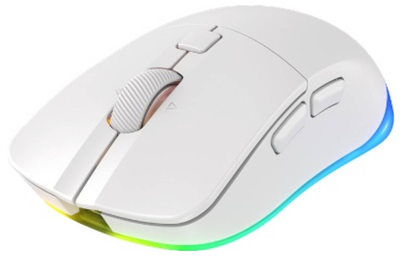 Weiße kabellose Computermaus mit Scrollrad und zwei Tasten, in einer Winkelansicht mit mehrfarbigem LED-Glimmen darunter.