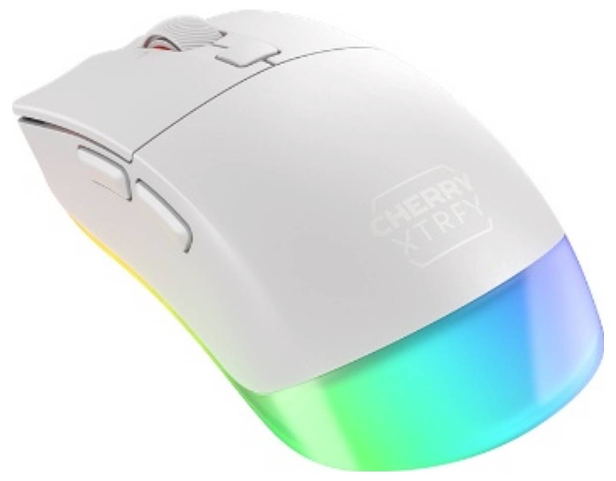 Weiße Cherry XTRFY Gaming-Maus mit zwei Seitentasten und einer leuchtenden Regenbogen-Lichtleiste entlang der unteren Kante.