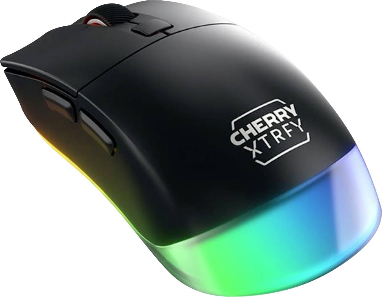 Schwarze Kirsche XTRFY kabelloses Gaming-Maus mit RGB-beleuchteter Basis und Seitentasten, dargestellt auf weißem Hintergrund.