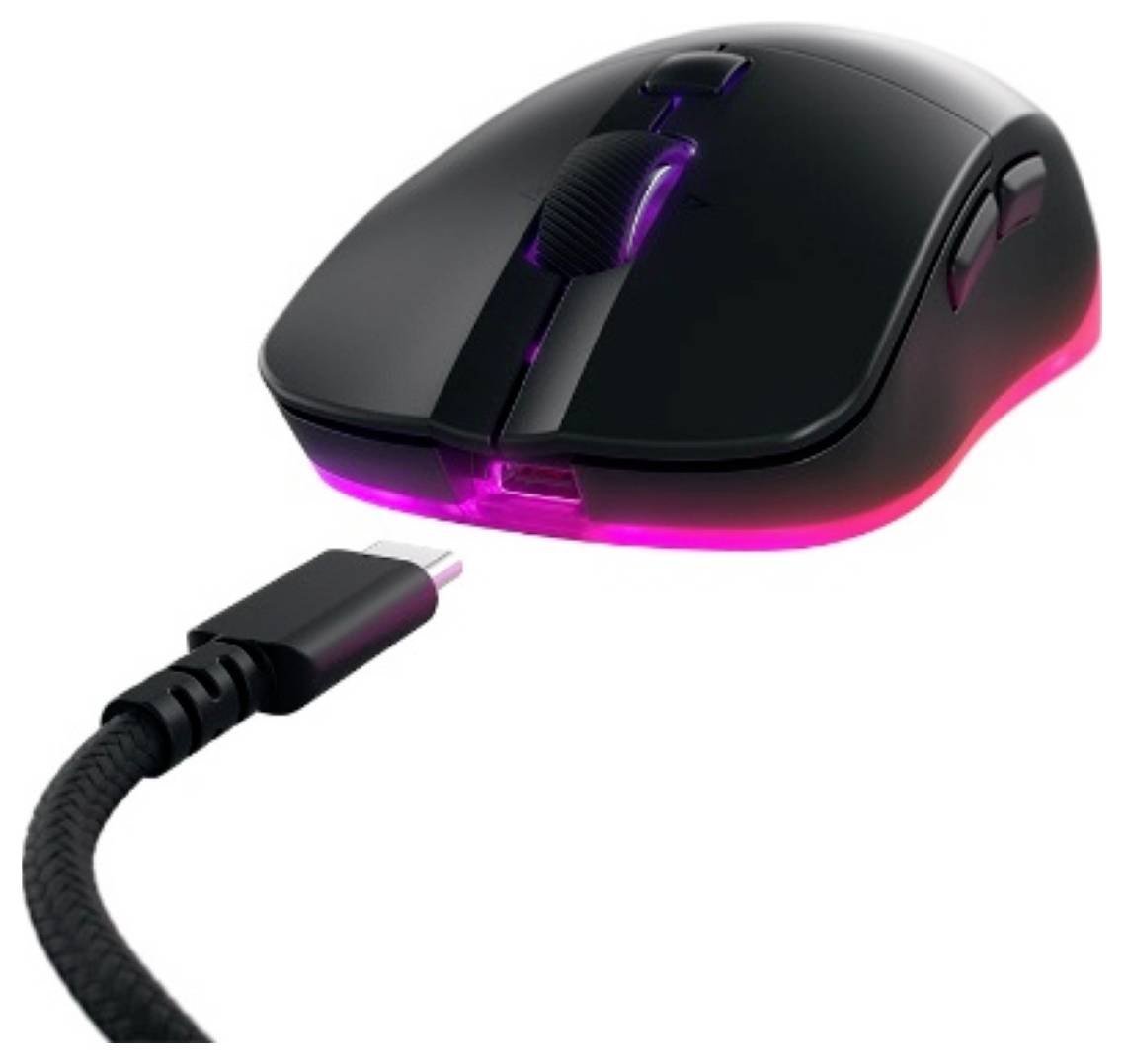 Schwarze CHERRY XTRFY kabelgebundene Computermaus mit Scrollrad und Seitentasten auf weißem Hintergrund.