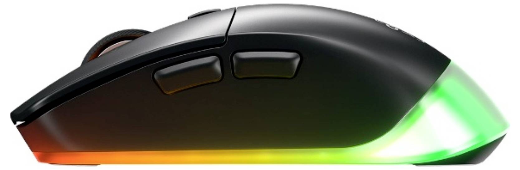 Schwarze Computermaus mit RGB-Beleuchtung, die an der Basis und hinteren Kante grün, gelb, orange und rot leuchtet.