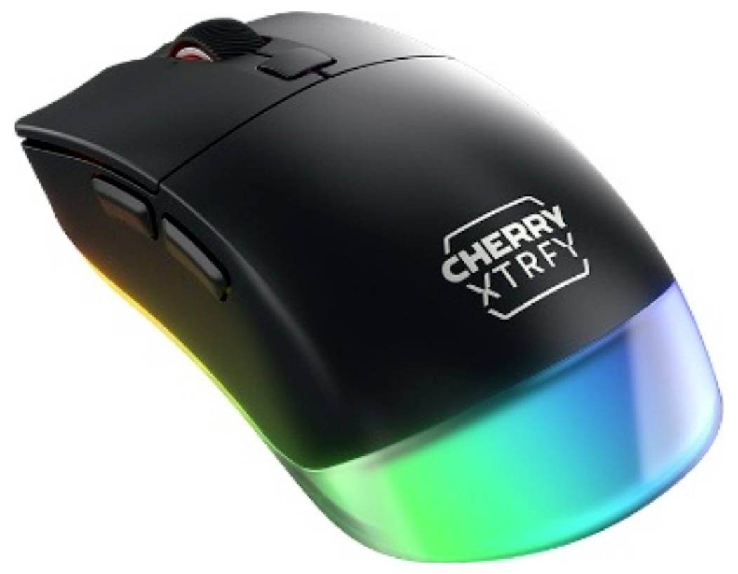 Schwarze CHERRY XTRFY kabellose Gaming-Maus mit RGB-beleuchteter durchscheinender Frontblende.