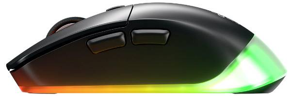 Schwarze kabellose Computermaus mit RGB-Beleuchtung, die an der Basis und an der Vorderkante orange und grün leuchtet.