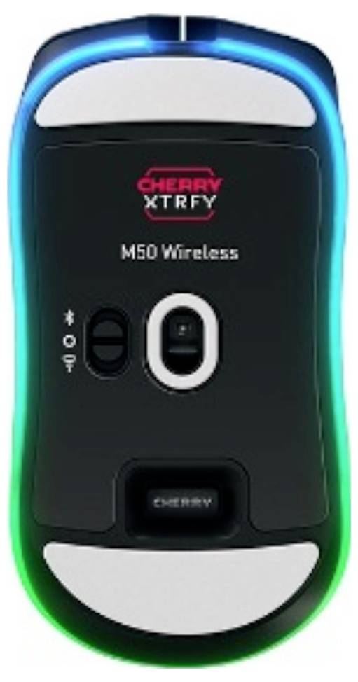 Draufsicht einer CHERRY XTRFY M50 Wireless-Maus mit schwarzem Gehäuse, weißem Rand und blaugrüner RGB-Beleuchtung an den Kanten.