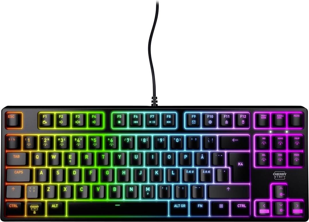 Draufsicht auf eine kabelgebundene mechanische Tastatur mit regenbogenfarbig hinterleuchtetem Tastattenfeld und kompaktem Layout, auf weißem Hintergrund dargestellt.