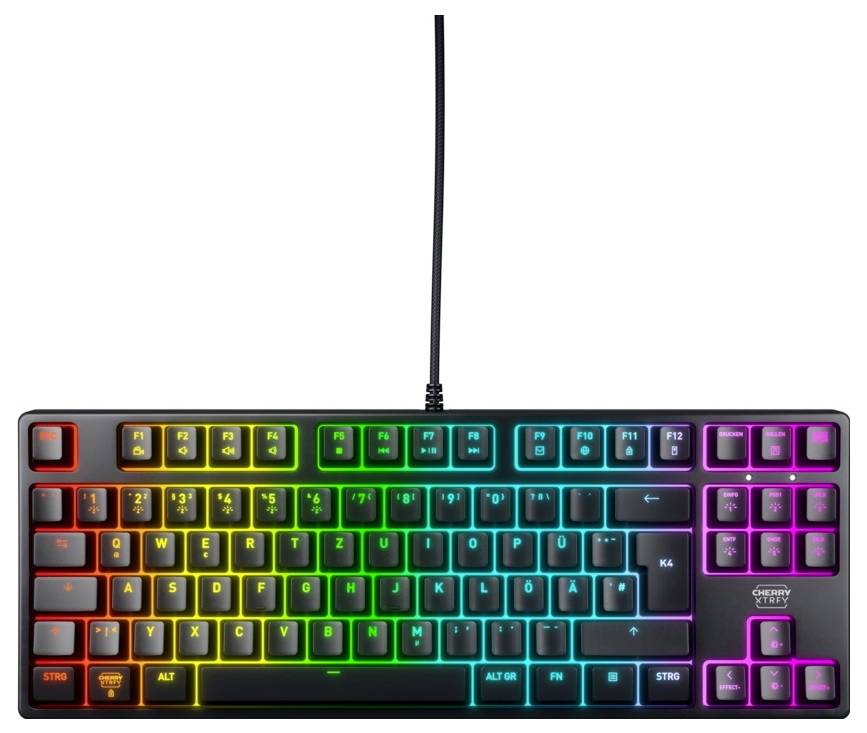RGB-hintergrundbeleuchtete mechanische Tastatur mit kompaktem Layout und oben in der Mitte angeschlossenem Kabel.