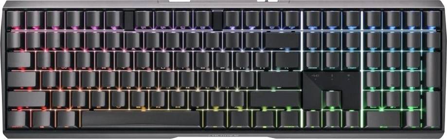 RGB-Mechanische Tastatur mit mehrfarbig beleuchteten Tasten in standardmäßiger Vollgröße-Anordnung.