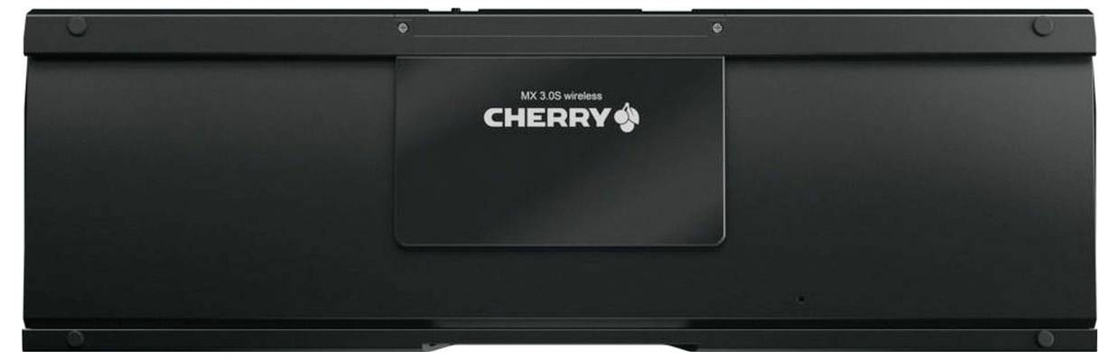 Schwarze CHERRY MX 3.0S kabellose Tastatur von hinten fotografiert, mit zentrierter CHERRY-Branding und abnehmbarem Batteriefachdeckel.