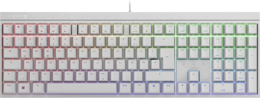 Eine weiße Vollgröße-Tastatur mit regenbogenfarbiger Beleuchtung, die in Zonen leuchtet, von rot auf der linken Seite bis grün und blau auf der rechten Seite.