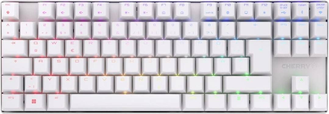 Weiße mechanische Tastatur mit RGB-Hintergrundbeleuchtung, von oben auf hellem Hintergrund gezeigt.
