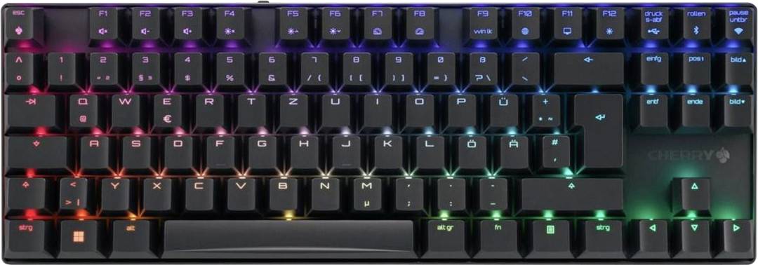Nahaufnahme einer von hinten beleuchteten Gaming-Tastatur mit mehrfarbiger RGB-Beleuchtung über den Tasten.