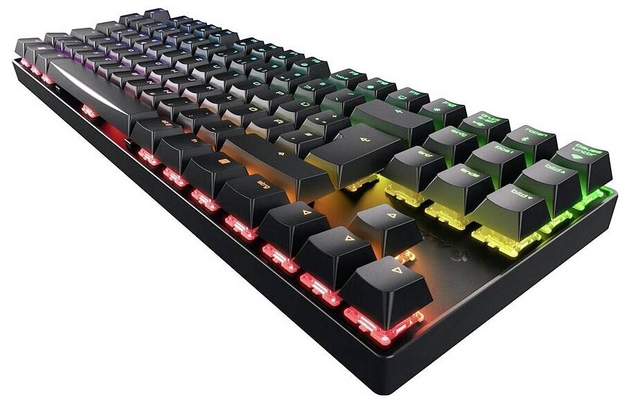 Schrägfoto einer schwarzen mechanischen Gaming-Tastatur mit regenbogenbeleuchteten Tasten und leuchtender roter Seitenbeleuchtung auf weißem Hintergrund.