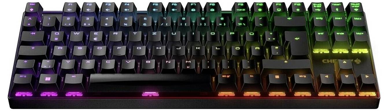 RGB-beleuchtete mechanische Tastatur mit kompaktem Layout und mehrfarbiger Beleuchtung über die Tasten und die vordere Kante.
