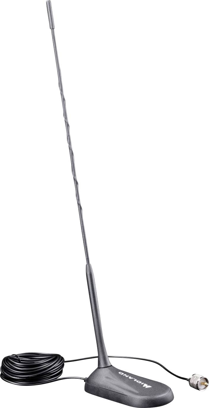 Magnetische Basisantenne mit langem ausziehbarem Mast, aufgewickeltem Kabel und Steckverbinder auf weißem Hintergrund.