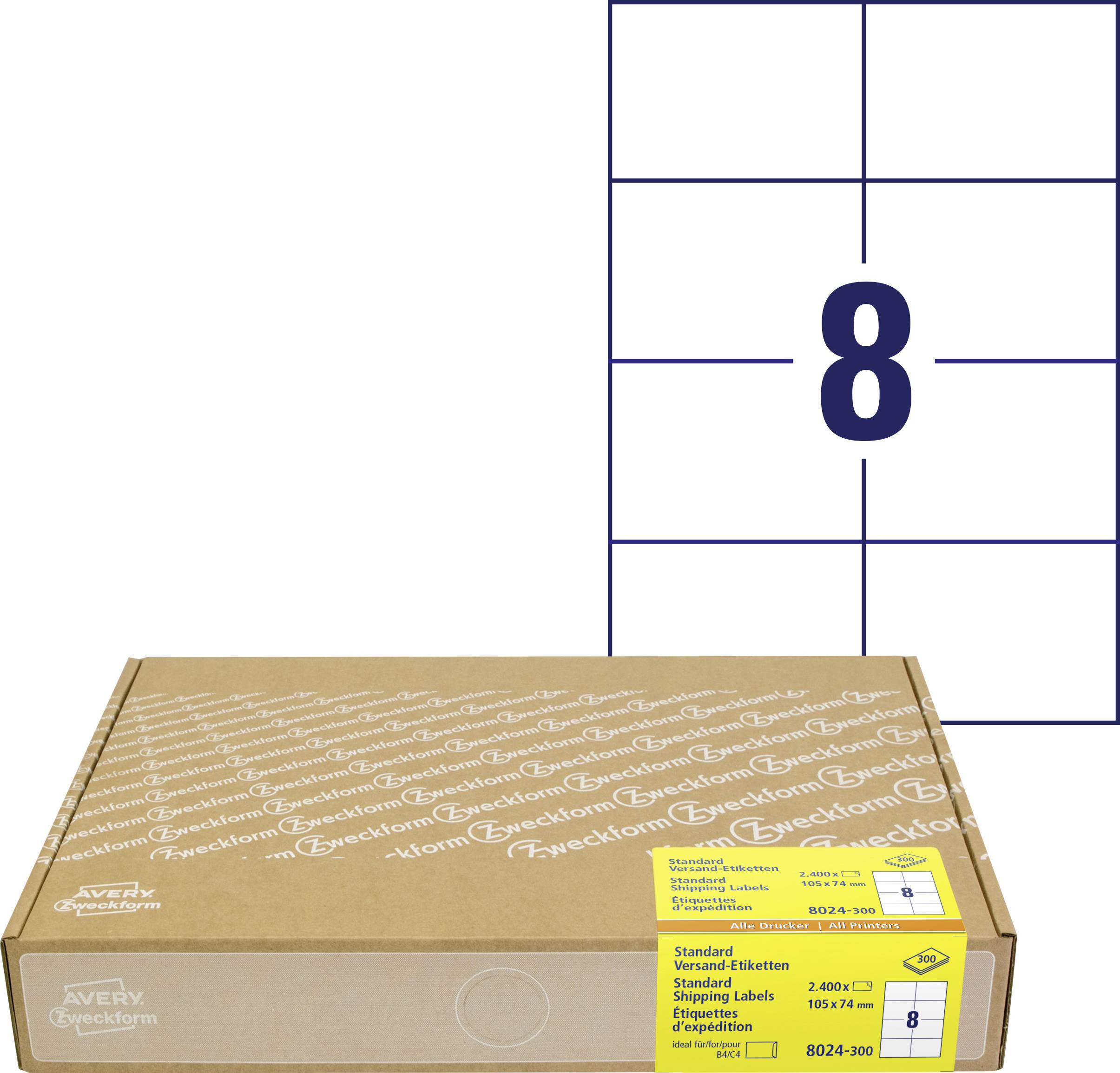Eine Schachtel Avery Zweckform Versandetiketten, Größe 8, mit einem großen Etikettenbogen mit der Markierung 8 über der Verpackung.
