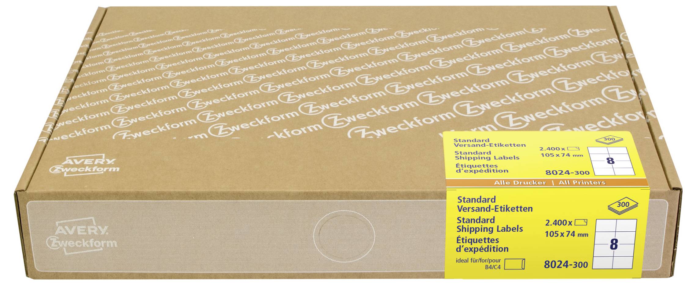 Ein braunes Avery Zweckform Versandetikett-Boxen in Perspektive dargestellt, mit einem gelben Etikett, das Produktdetails und den Code 8024-200 anzeigt.
