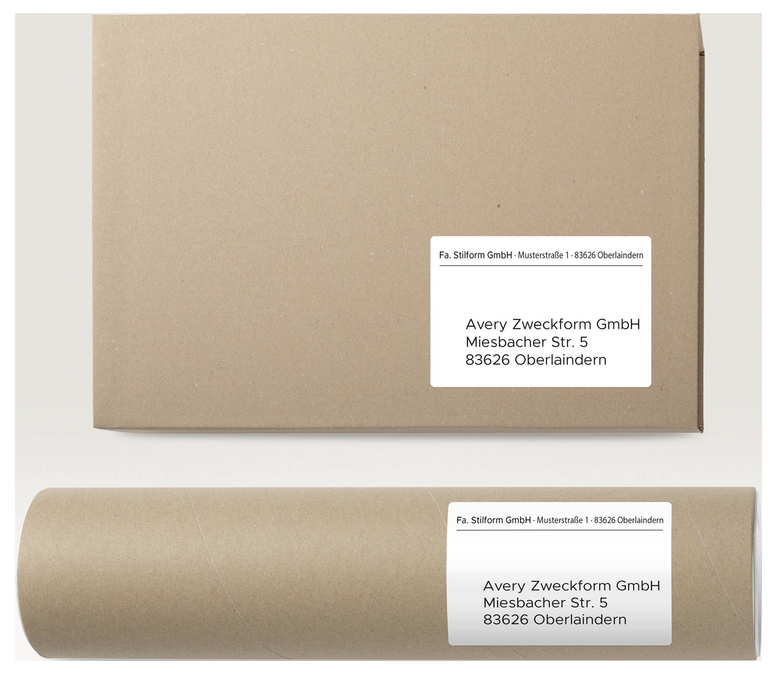 Papierversandkarton und Versandrohr mit Adressetiketten für Avery Zweckform GmbH, Miesbacher Str. 5, 83626 Oberlaindern.