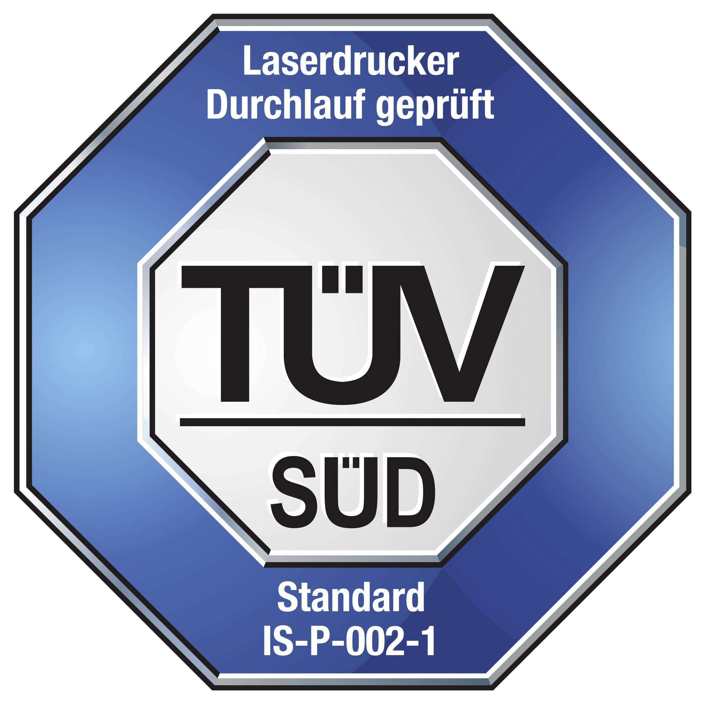 TÜV SÜD-Prüfsiegel für Laserdrucker mit Aufschrift 'Laserdrucker Durchlauf geprüft' und 'Standard IS-P-002-1'.