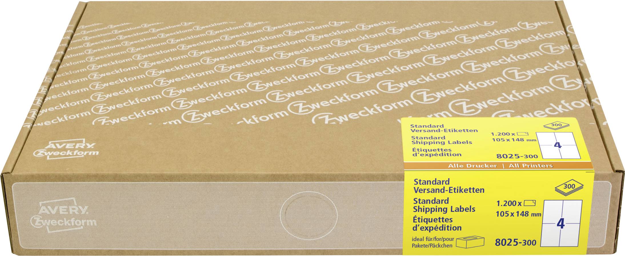 Ein Karton-Versandkarton mit oben bedruckten Avery Zweckform-Etiketten und einem gelben Produktetikett für Standard-Versandetiketten, Größe 105 x 148 mm, Packung mit 1.200 Stück.