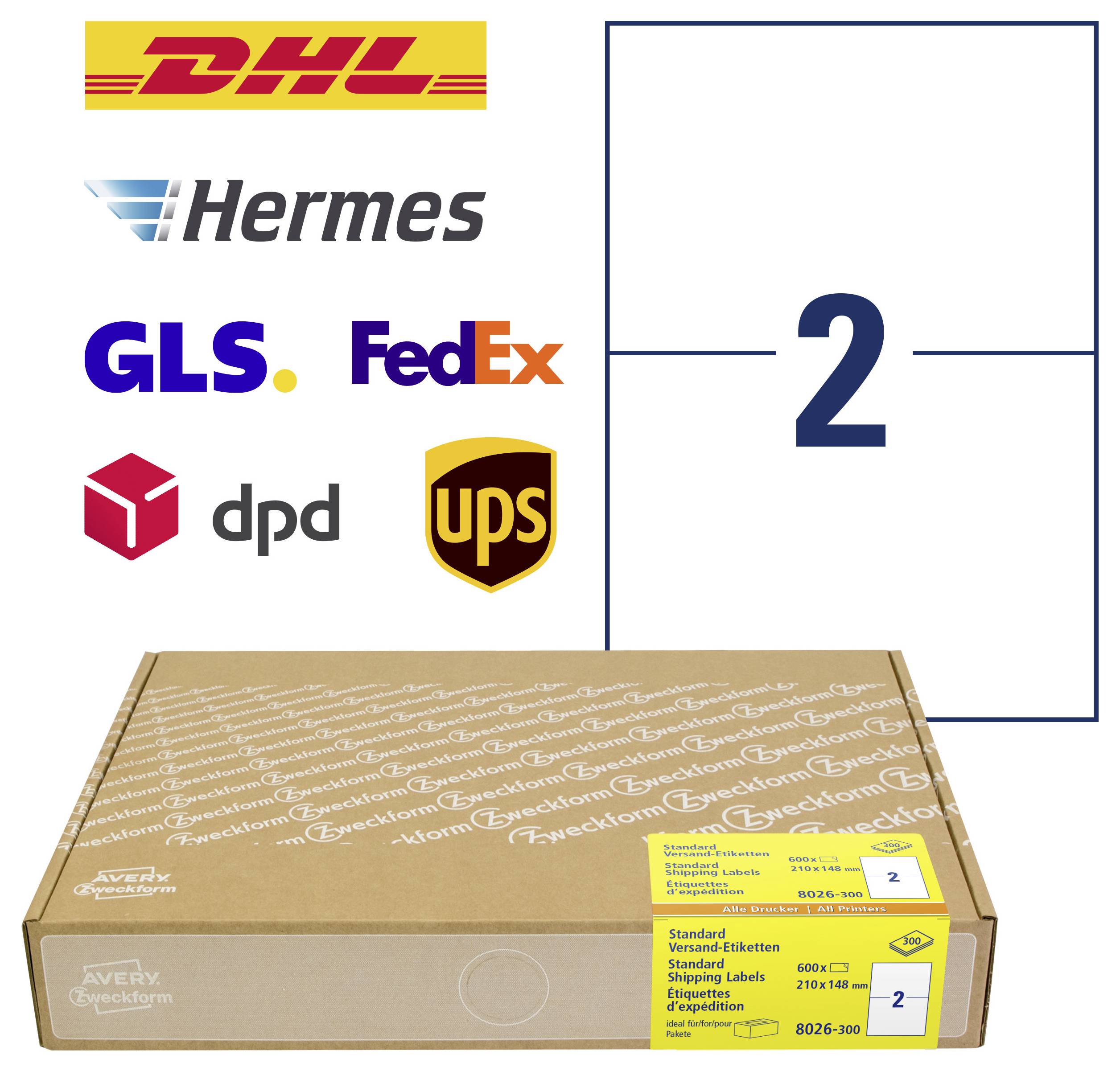 Versandkarton mit DHL-, Hermes-, GLS-, FedEx-, DPD- und UPS-Logos sowie großem Feld mit der Zahl '2' und gelbem Etikett für Standard-Versandetiketten.