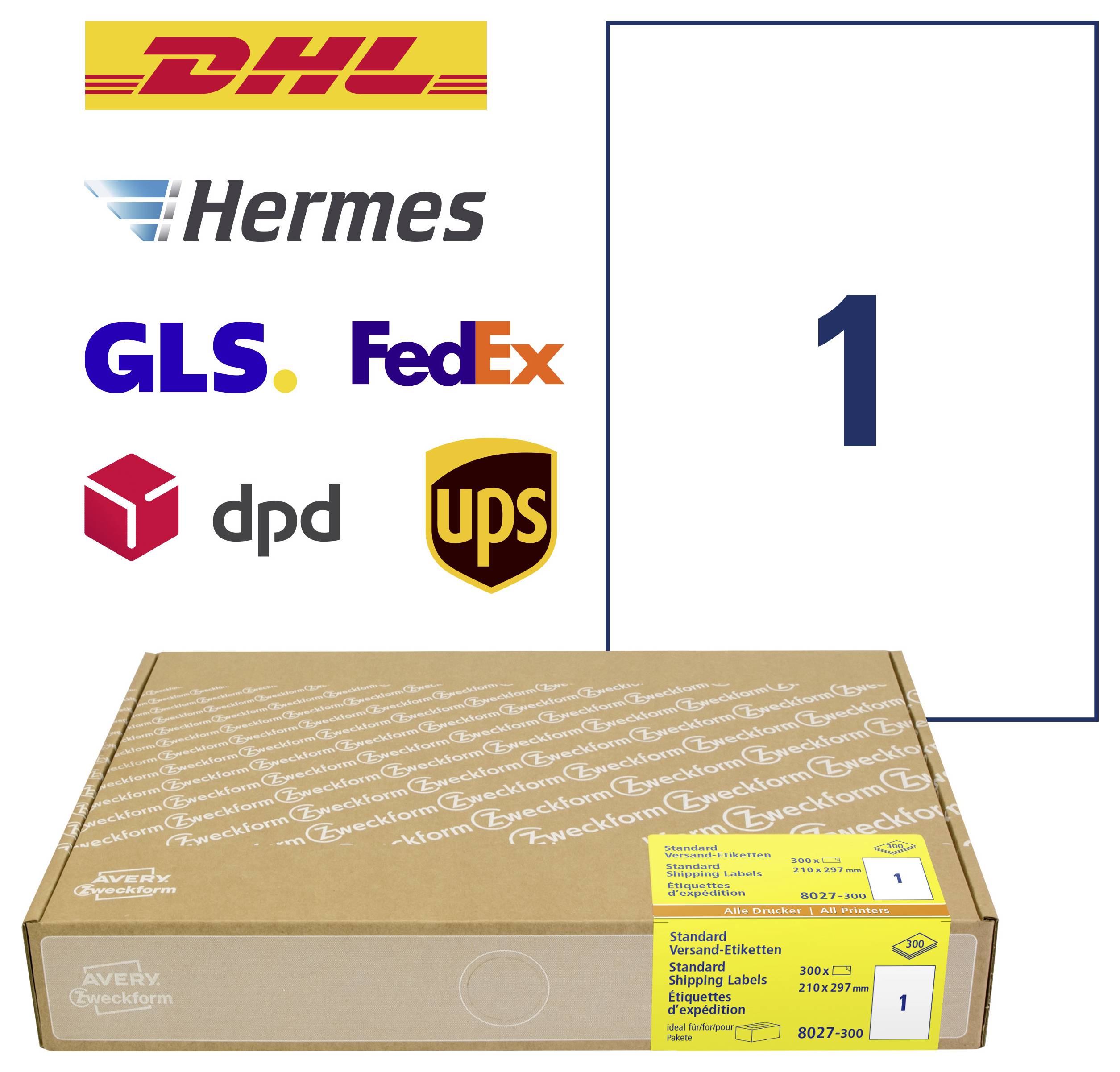 Paketversandkarton mit Etiketten für DHL, Hermes, GLS, FedEx, DPD und UPS, plus eine große „1
