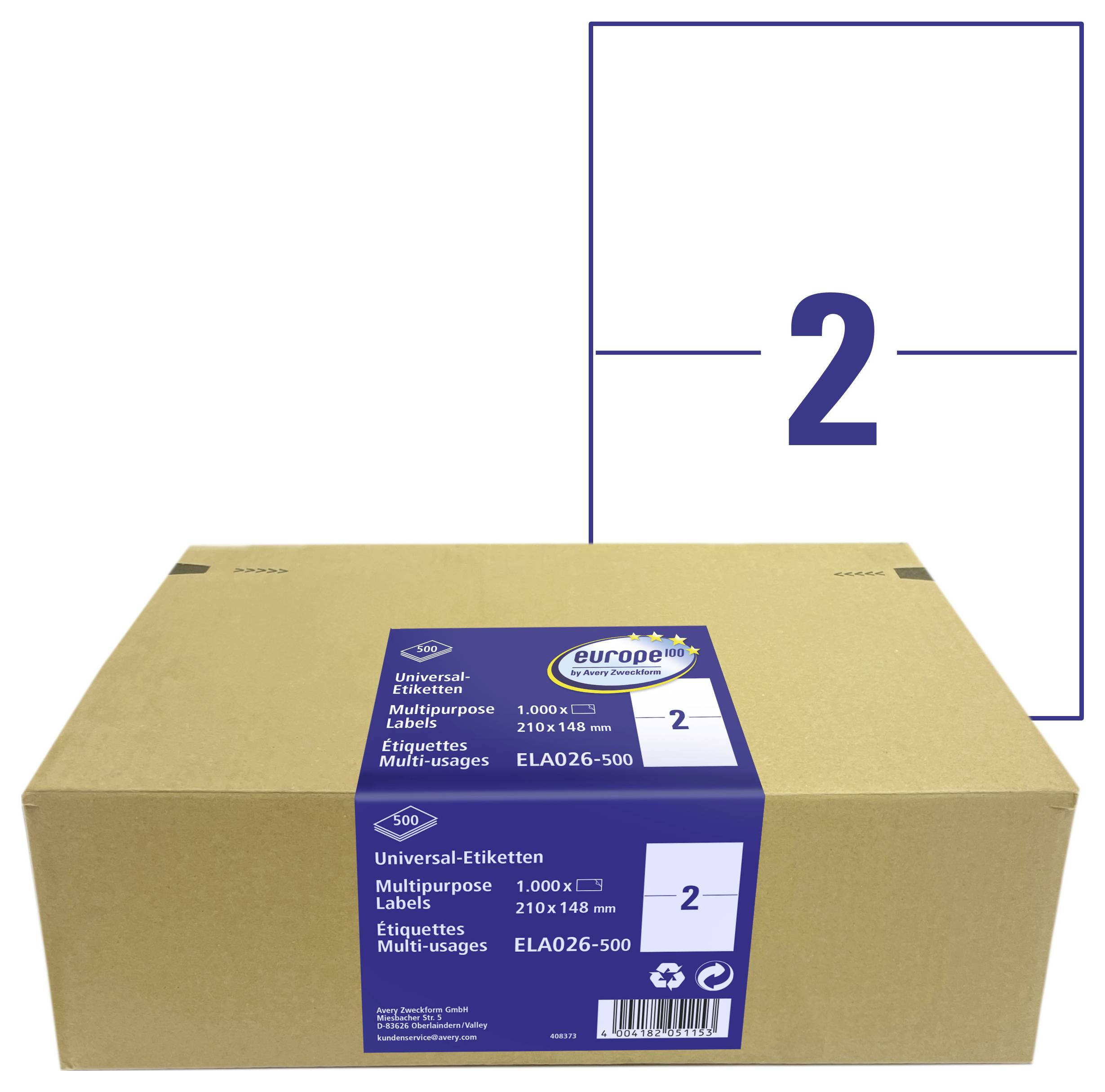 Kasten mit universellen Mehrzwecketiketten, 1.000 Blatt, mit blauem Produktetikett in der Größe 210 x 148 mm und großer Nummer 2.