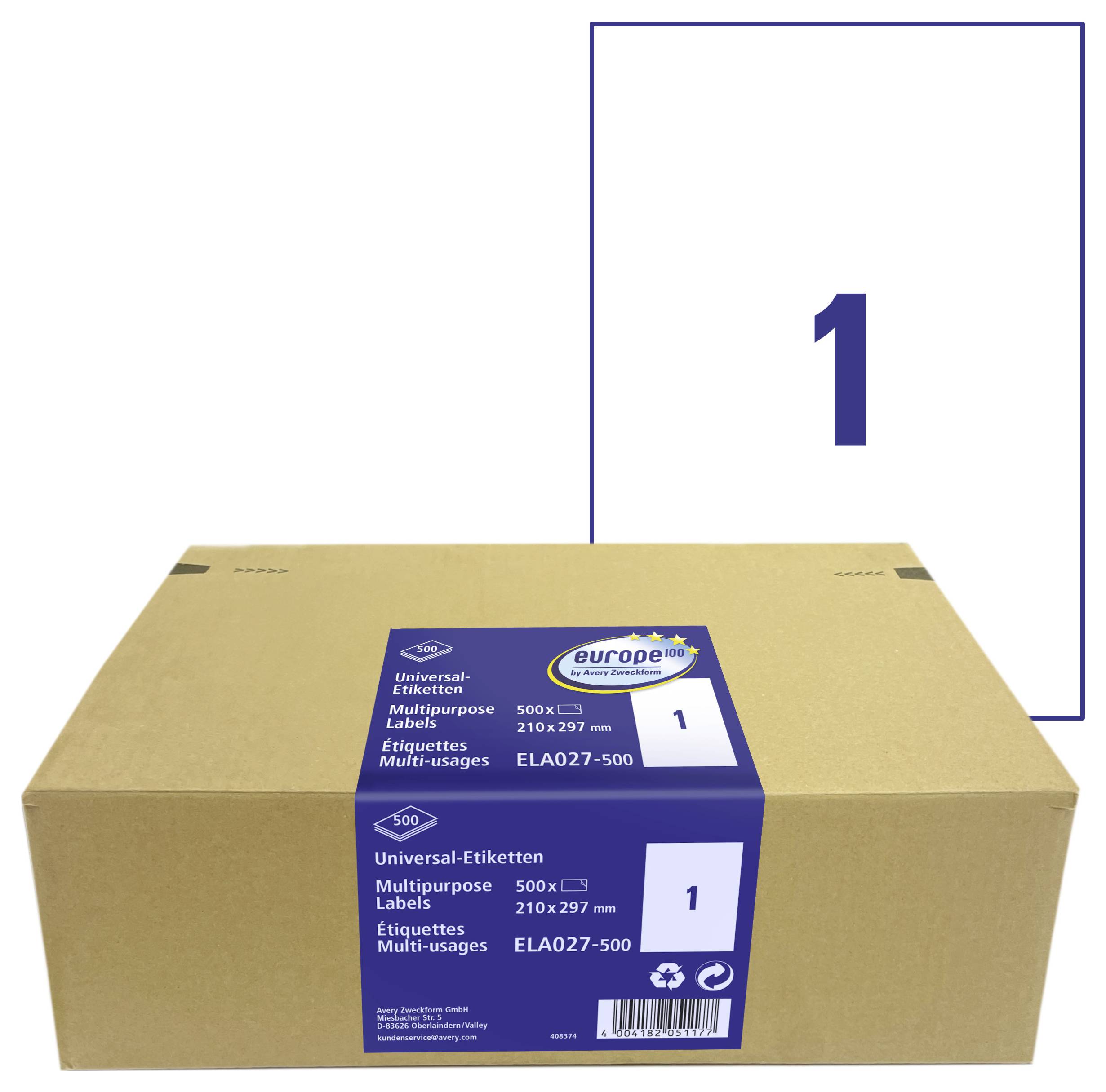 Packung mit Universal-Etiketten Universaletiketten, Größe 210 x 297 mm, mit einer großen 