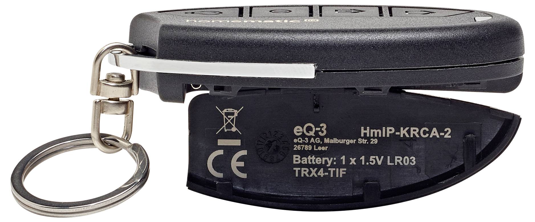 Schwarzer Schlüsselanhänger-Fernbedienung mit Schlüsselring, gekennzeichnet mit „eQ-3