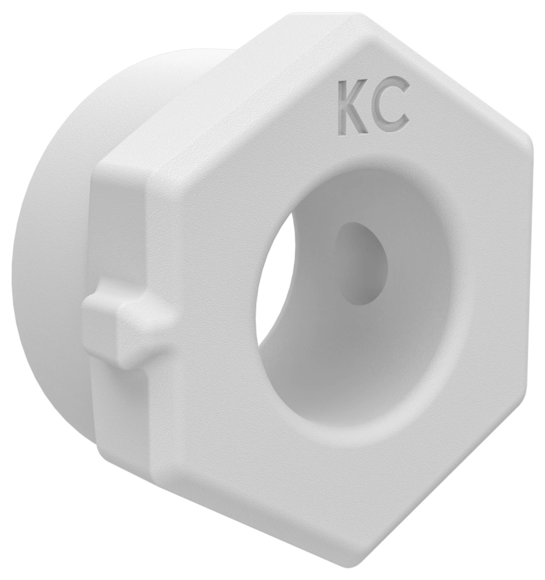 Weißer KC-gekennzeichneter kreisförmiger Halter oder Steckverbinder mit zentraler Vertiefung und seitlichem Lappen, in 3D auf schlichttem Hintergrund dargestellt.