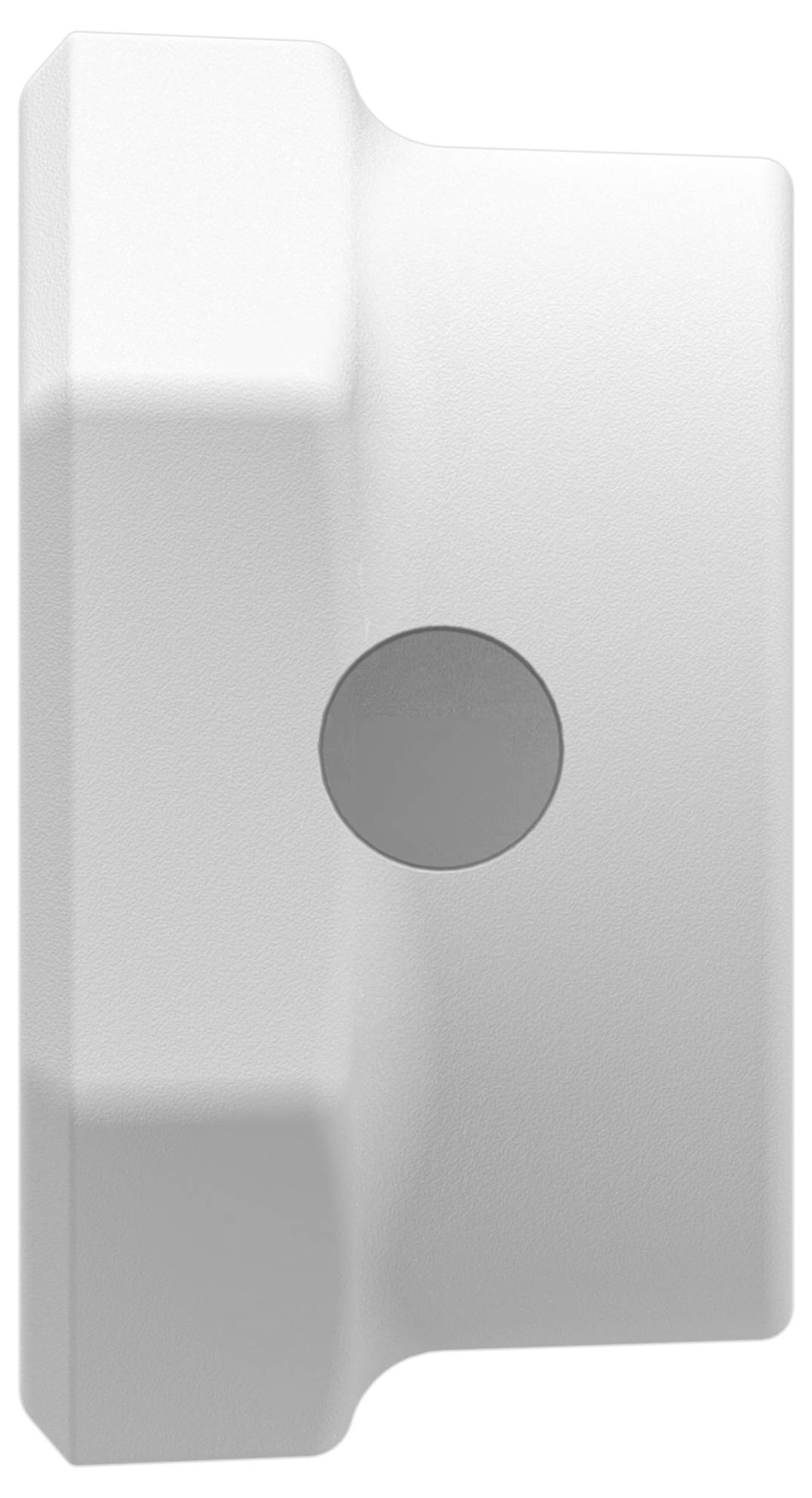 Weiße Kunststoff-Wandhalterung mit einem zentralen grauen kreisförmigen Knopf oder Sensor auf einer rechteckigen Vorrichtung.