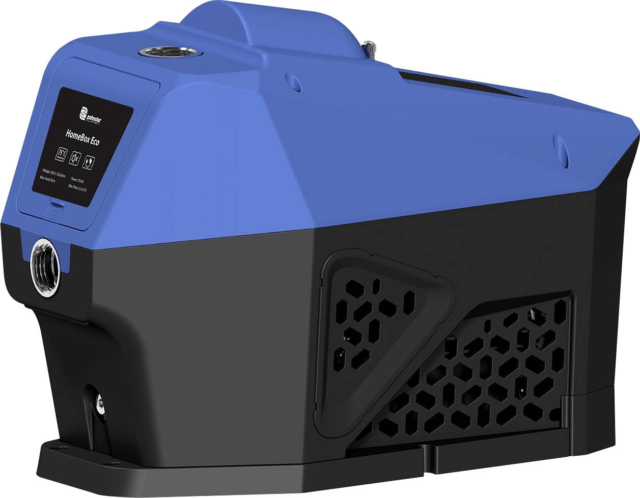 Blaue und schwarze Industriemaschine mit Bedienfeld und Lüftungsgittern, in Seitenansicht auf weißem Hintergrund dargestellt.