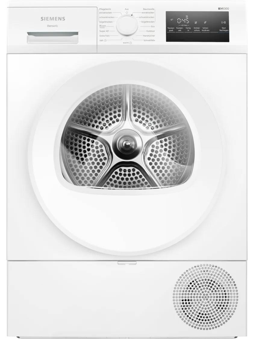 Siemens iQ300 WT45HVA4, Freistehend, Frontlader, Kondensation, Weiß, Drehregler, Berührung, Rechts