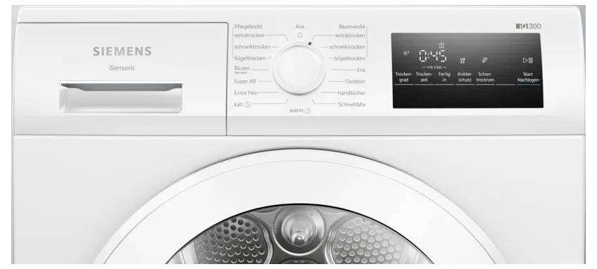 Siemens iQ300 WT45HVA4, Freistehend, Frontlader, Kondensation, Weiß, Drehregler, Berührung, Rechts