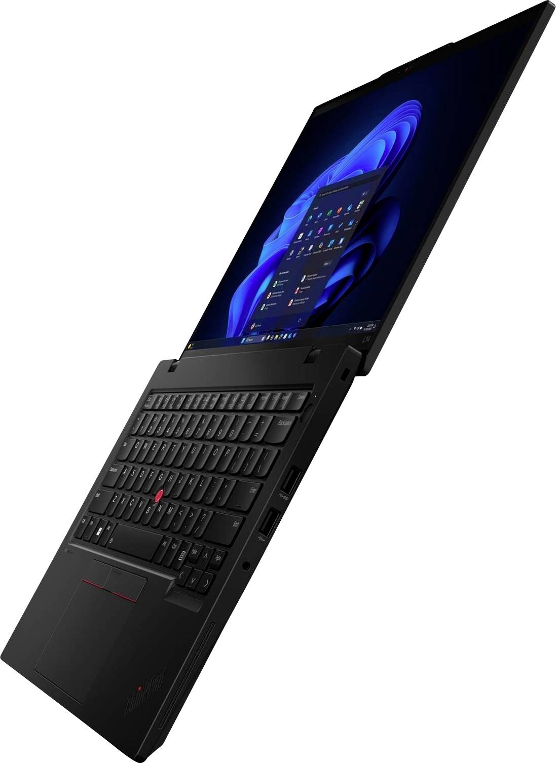 Schwarzer Laptop mit hochgeklapptem Scharnier-Bildschirm in einem Winkel geöffnet, zeigt einen Windows-Desktop und eine vollständige Tastatur sowie ein Touchpad auf weißem Hintergrund.