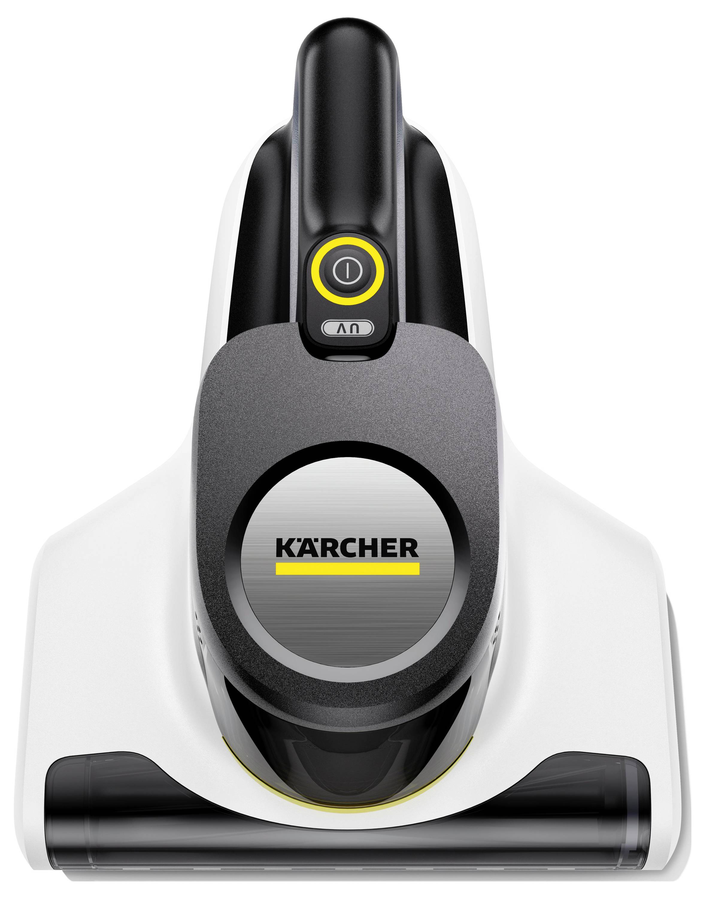 Vorderansicht eines tragbaren Kärcher-Staubsaugers mit einer Ein-/Ausschalttaste und einer Bodendüse auf weißem Hintergrund.