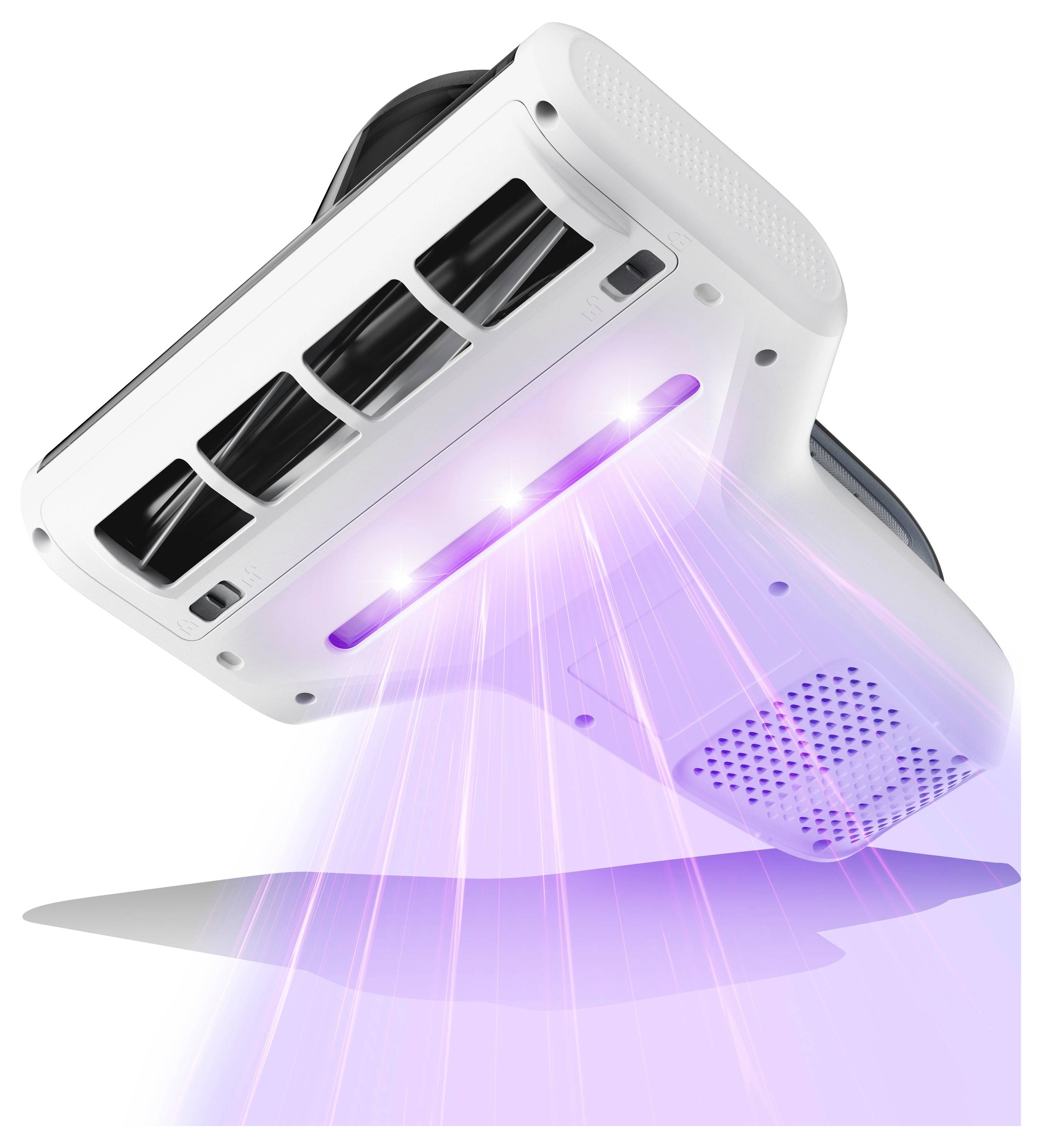 Illustration eines tragbaren Projektors, der einen hellen violetten Lichtstrahl nach unten projiziert.