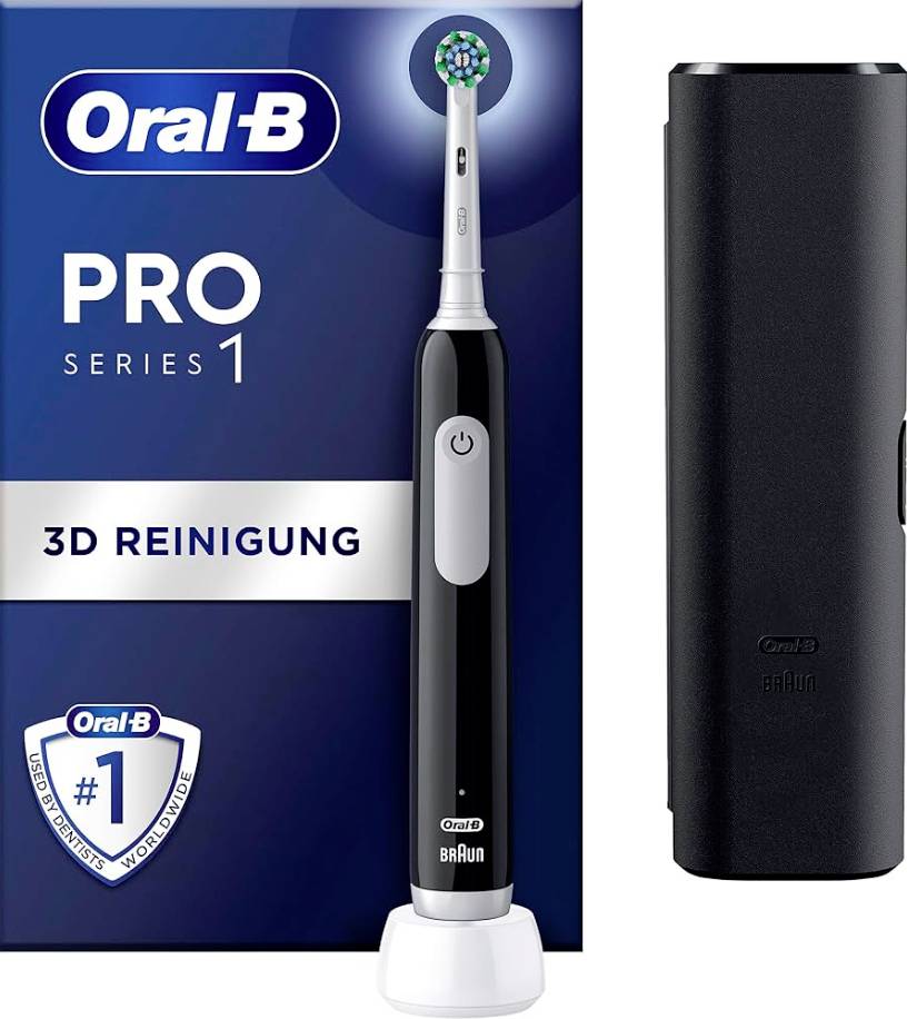 Oral-B Pro Series 1 elektrische Zahnbürste mit Ladegerät und Etui, gekennzeichnet mit „3D Reinigung